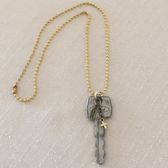 HAND CRAFTED Vintage Ford Key Necklace Feather Cross Charms Mixed Metals - Picture 7 of 7